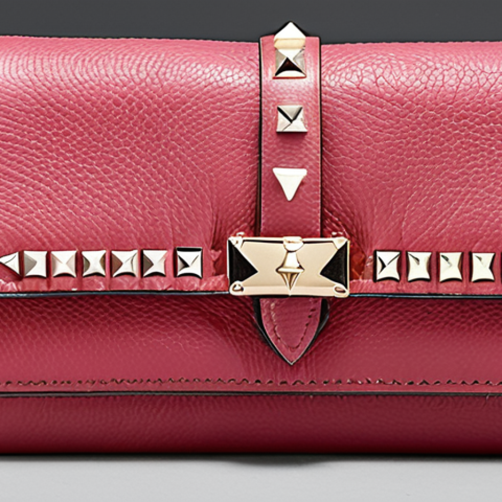 **Valentino Rockstud Wallet**: "Create an image of a luxurious Valentino Rockstud wallet made from fine calfskin leather, featuring iconic pyramid-shaped studs. The wallet should exude elegance and confidence, showcasing its practical interior with multiple card slots and a central compartment for bills. The background should reflect a chic and stylish environment."