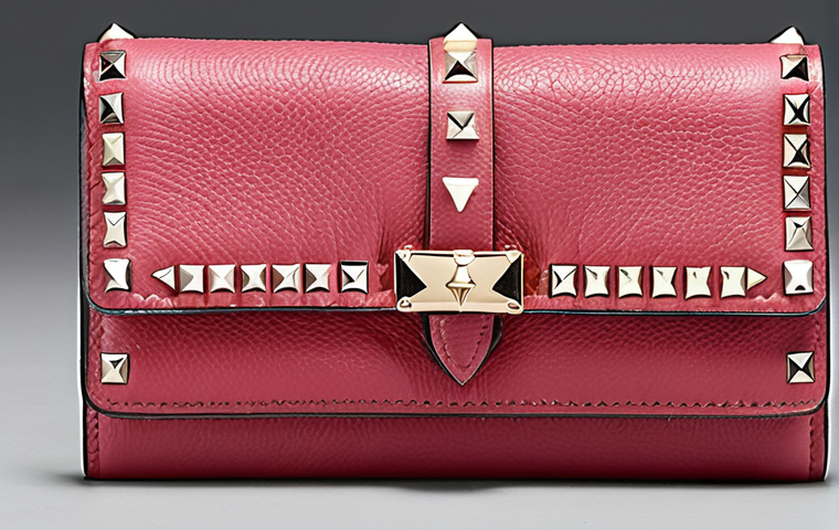 **Valentino Rockstud Wallet**: "Create an image of a luxurious Valentino Rockstud wallet made from fine calfskin leather, featuring iconic pyramid-shaped studs. The wallet should exude elegance and confidence, showcasing its practical interior with multiple card slots and a central compartment for bills. The background should reflect a chic and stylish environment."