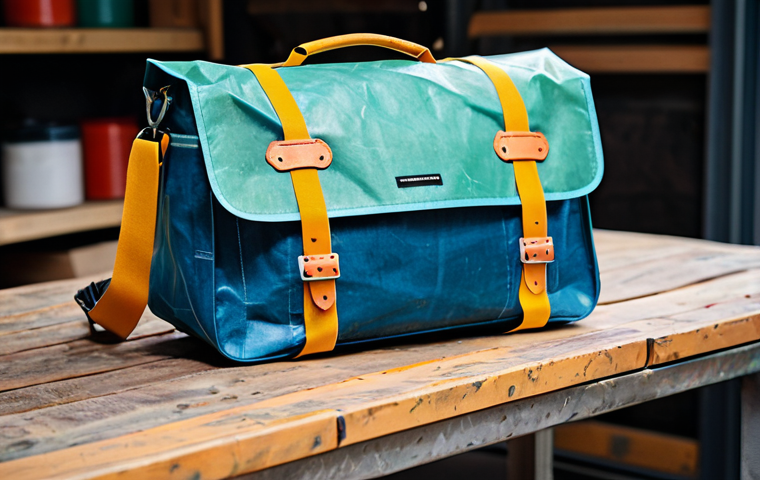 A close-up shot of a unique Freitag messenger bag, showcasing its vibrant, weathered truck tarpaulin material and robust stitching. The bag rests on a modern, reclaimed wood table in a sunlit workshop, with a subtly blurred background featuring stacks of colorful, used tarpaulins. Emphasize the texture and character of the upcycled material. Full depth of field, professional product photography, natural light, high detail, perfect anatomy, correct proportions, well-formed hands, proper finger count, natural body proportions, fully clothed, modest clothing, appropriate attire, professional dress, safe for work, appropriate content, professional, family-friendly.