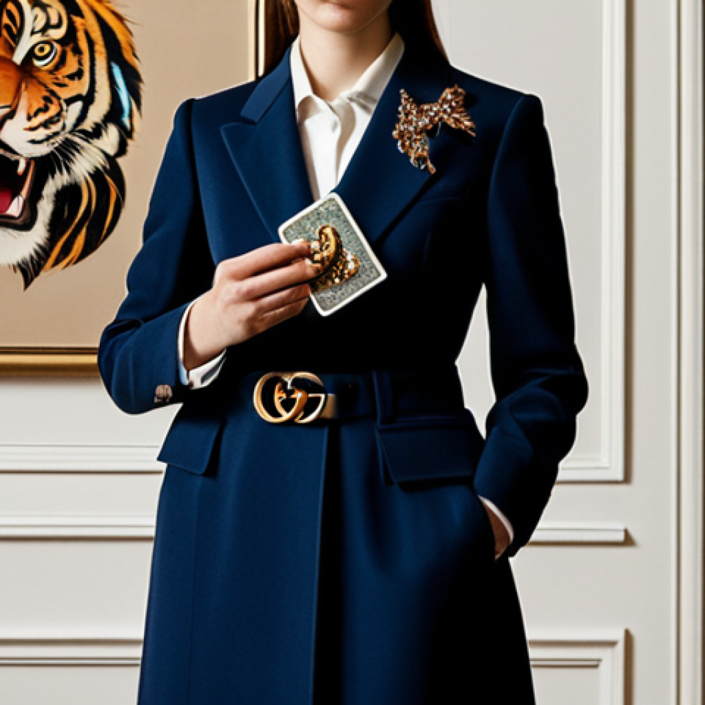 A stylish individual, fully clothed in a modest, elegant evening outfit, subtly holding a Gucci Dionysus card wallet with its distinctive tiger-head clasp. The person is standing in an upscale art gallery setting with soft, ambient lighting, exuding a sophisticated and artistic aura. Perfect anatomy, correct proportions, natural pose, well-formed hands, proper finger count, natural body proportions. Professional photography, high quality, safe for work, appropriate content, fully clothed, modest, family-friendly.