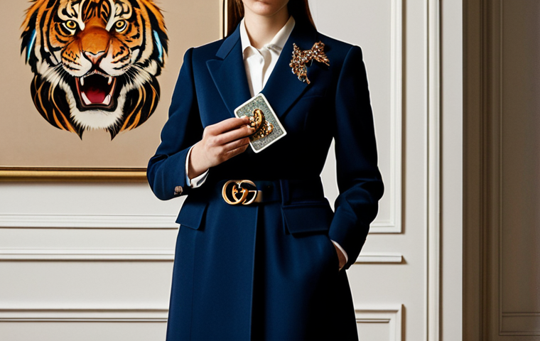 A stylish individual, fully clothed in a modest, elegant evening outfit, subtly holding a Gucci Dionysus card wallet with its distinctive tiger-head clasp. The person is standing in an upscale art gallery setting with soft, ambient lighting, exuding a sophisticated and artistic aura. Perfect anatomy, correct proportions, natural pose, well-formed hands, proper finger count, natural body proportions. Professional photography, high quality, safe for work, appropriate content, fully clothed, modest, family-friendly.