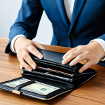 A professional person, fully clothed in a modest business suit, seated at a sleek wooden table in a bright, contemporary office space. They are gently opening a spacious, elegant Aldo clutch wallet, revealing well-organized compartments for cards and cash. The wallet is made of a high-quality vegan leather alternative with a subtle texture, emphasizing practical elegance and refined organization. safe for work, appropriate content, professional, perfect anatomy, correct proportions, natural pose, well-formed hands, proper finger count, natural body proportions, professional photography, high quality image.