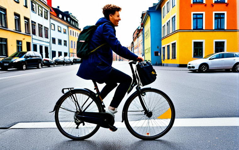 Freitag - Urban Cyclist**

"A young professional, fully clothed in appropriate, modern urban attire, riding a bicycle through Södermalm, Stockholm. They are wearing a Freitag messenger bag prominently displayed. Background shows colorful buildings and bike lanes. Safe for work, appropriate content, perfect anatomy, natural pose, well-formed hands, proper finger count, professional photography, high quality, safe and family-friendly."

**